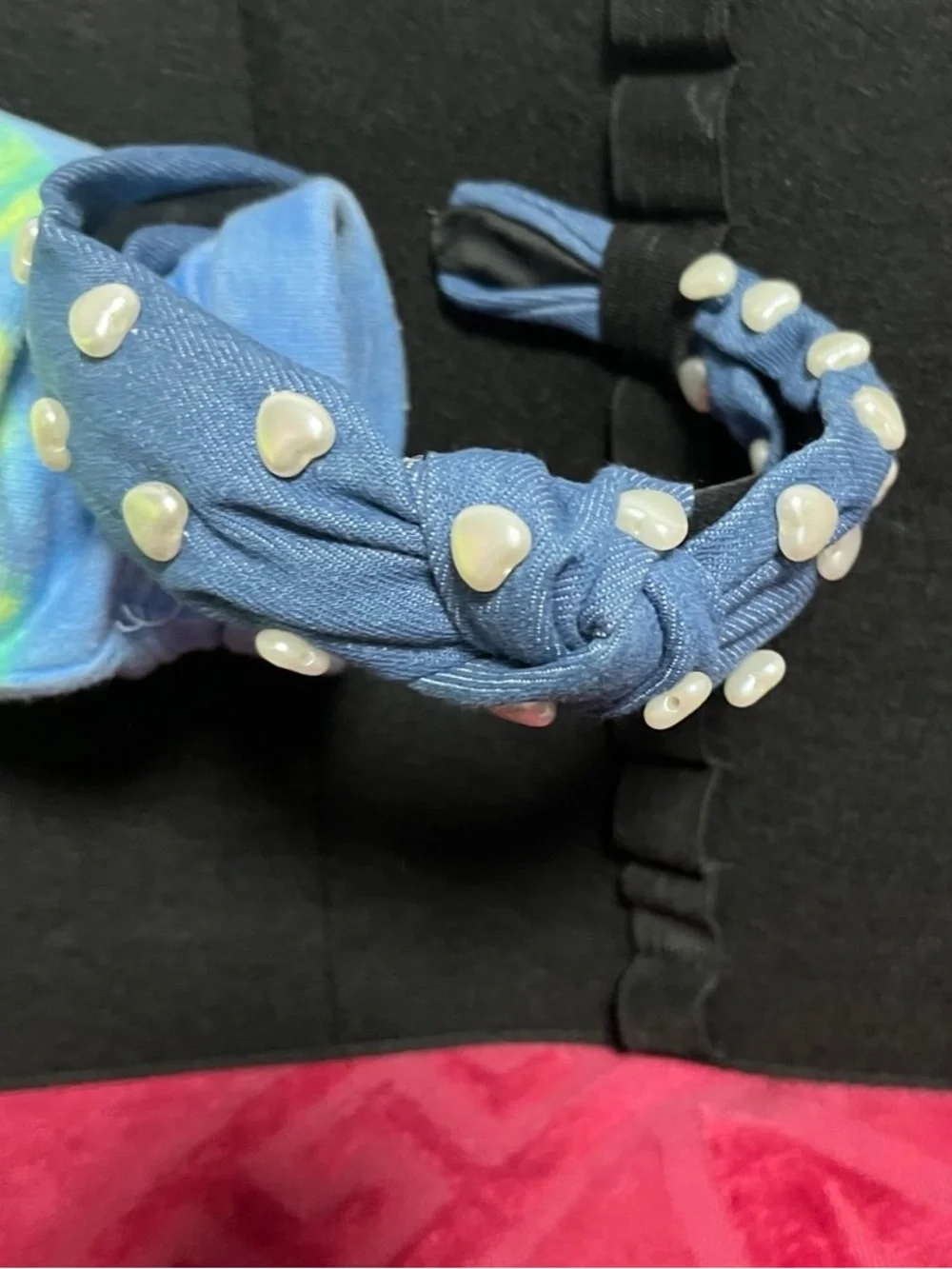 Blue Knotted Headband with Pearl Heart Accents